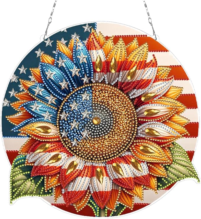 POETRYDRAW DIY Hanging Diamond Art Pendant Kit Independence Day Sunflower, Special Crystal Diamonds Painting Ornament for Adults, 5D Diamond Art Suncatchers Double Sided Board Gem Painting Box Kit