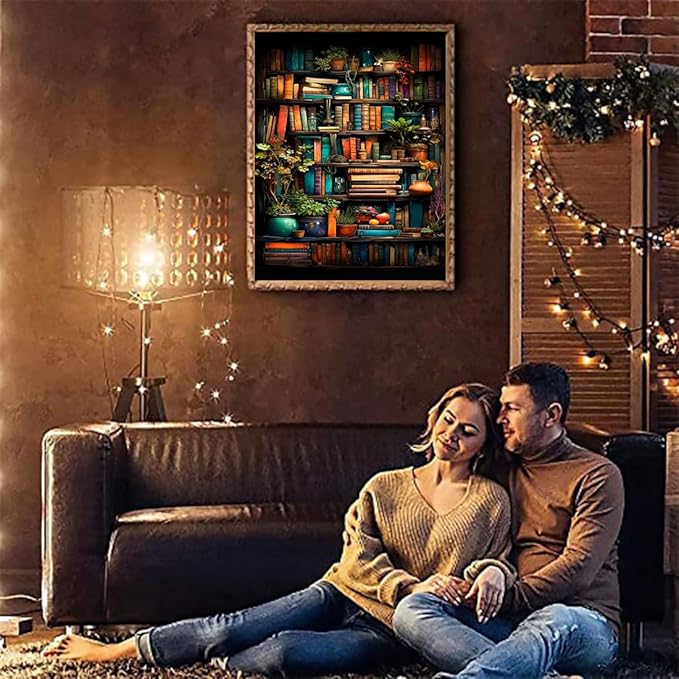 Tiwabb Stamped Cross Stitch Kits for Adults - Bookshelf Embroidery Kits for Beginners, 11 CT Patterns, 12 x 16 inch