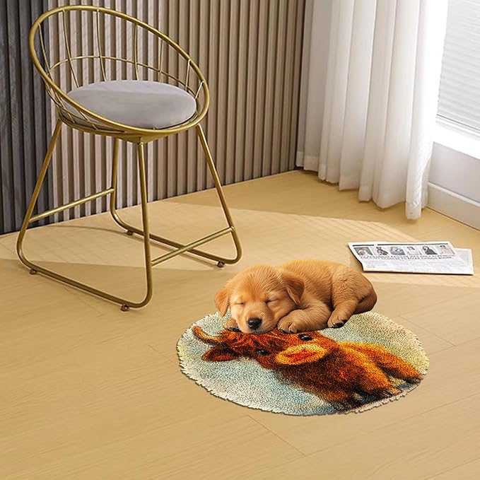 Latch Hook Rug Kit Cute Highland Cow Baby Stamped Handmade Round Shape Carpet Crochet Yarn Craft DIY Hook and Latch Door Mat Tapestry for Christmas Home Floor Decor 20x20inch(10)