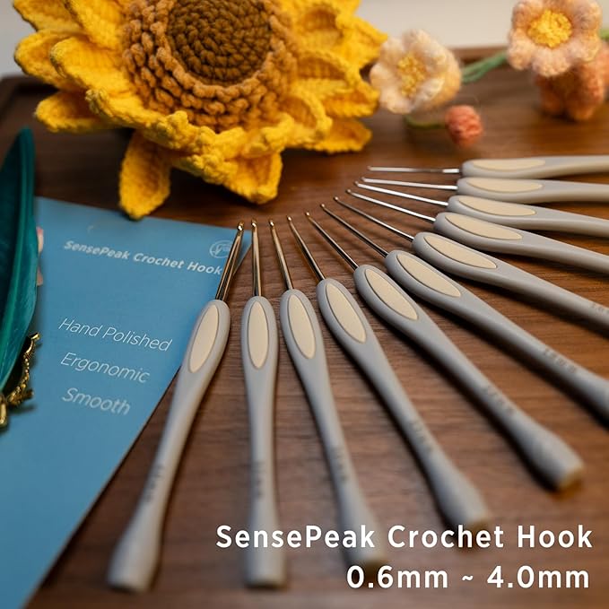 SensePeak Hand Polished Stainless Crochet Hook 1.2mm Single, Chinese Traditional Design Ergonomic Stainless Steal Small Inline Pointy Crochet Hook for Arthritic Hands