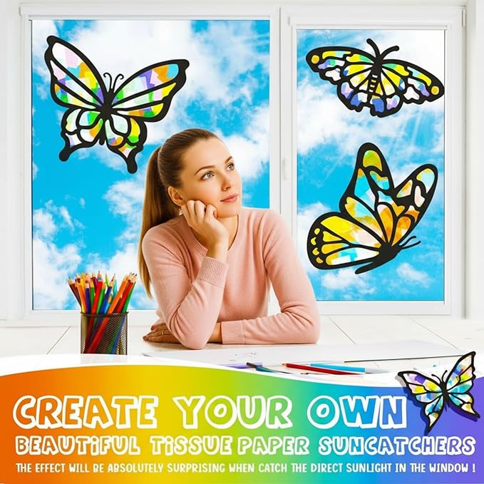 Zonon 9 Pcs Butterfly Suncatcher Craft Kit DIY for Window Stained Glass Effect Spring Summer School Classroom Tissue Art Craft with 12 Colors Large Paper Creative Activity Gift Decoration Party Favors