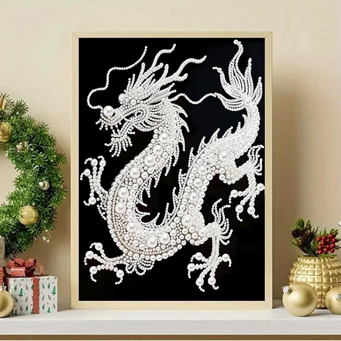 GEMFAMILY Dragon Diamond Art Painting Kits for Adults,White Dragon Diamond Painting Kits for Special Shape,DIY Pearl Diamond Dots Gem Art Craft for Home Decor 12 x 16 inch