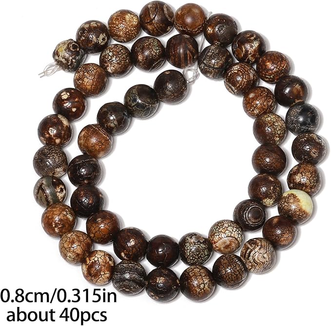 Stone Beads, 45pcs Brown Dragon Vein Agate, 8mm Round Loose Beads for Jewelry Making, Bracelets, with Bag, String & Card