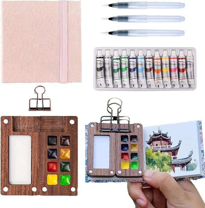 Aimery Mini Watercolor Paint Travel Set, Portable Small Miniature Pocket Water Color Painting Kit with Wooden Palette & Sketchbook(Pink)
