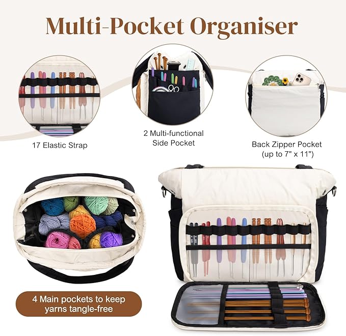 DALINDA Crochet Bag Organizer,Yarn Bag and Tote- Yarn Storage with Multiple Pockets for Crochet Supplies, Knitting Bag for Gifts,Portable & Durable(Brown)