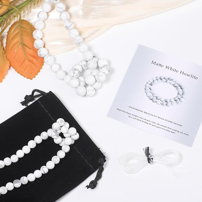 Stone Beads, 45pcs Matte White Howlite, 8mm Round Loose Beads for Jewelry Making, Bracelets, with Bag, String & Card
