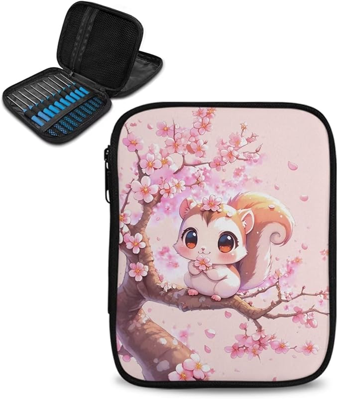 Hechitok Squirrel Cherry Blossom Crochet Hook Case with Zipper and Web Pockets for Crochet Needles/Knitting Accessories Lightweight Organizer Bag for Crochet Hook Kit Tools