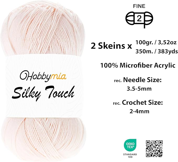 Silky Touch Acrylic Yarn - Soft Sport Weight Yarn for Crochet & Knitting - 100g / 383yds - 100% Microfiber Acrylic - Lightweight Fine Smooth Yarn(Pink - Light Peach, 2 Skeins)