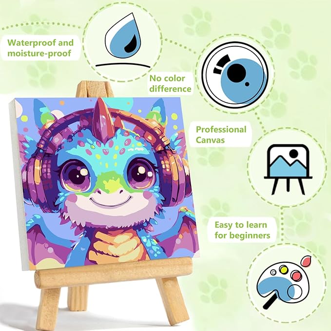 Reivworl Paint by Numbers Kit for Kids with Frame and Easel, Dragon Paint by Number for Kids Age 6-8-12, Acrylic Paint by Numbers for Gifts and Home Decor (8X8inch)
