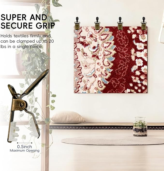 4 Pack Heavy Duty Tapestry Hangers Clamps, Non-Slip Quilt Hangers for Wall Hangings, Powelful Grip Wall Clips Great for Large Quilts, Rugs, Carpets,Spring Home Decor Damage-Free Display (Bronze)