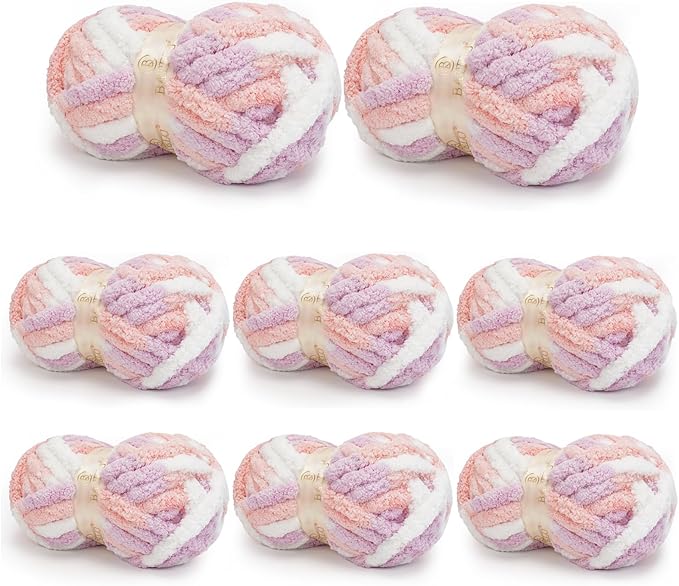 Chunky Yarn for Hand Knitting, Chunky Chenille Blanket Yarn for Crocheting, Bulky Soft Fluffy Chenille for Blanket Project, 8 Pack of 8oz/25yds, White&Pink