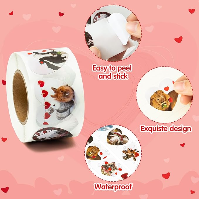 beyumi 1000pcs valentine's day realistic animal stickers in 2 rolls for kids valentine animal heart decals waterproof vinyl labels for greeting card envelope scrapbooking party decor gift girls teens