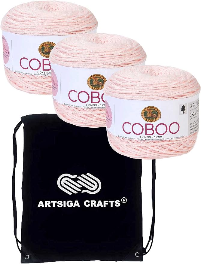 Lion Brand Coboo Pale Pink 835-102 (3-Skeins - Same Dye Lot) DK Light Worsted #3 Cotton, Bamboo Yarn for Crocheting and Knitting with Project Bag