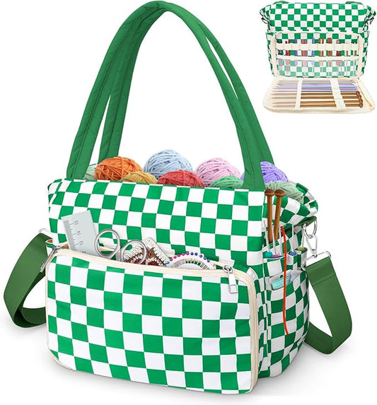 DALINDA Crochet Bag Organizer,Yarn Bag and Tote- Yarn Storage with Multiple Pockets for Crochet Supplies, Knitting Bag for Gifts,Portable & Durable (Green Plaid)