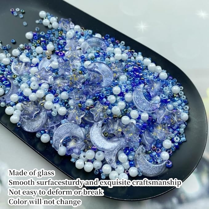 Assorted Glass Beads for Jewelry Making Multi Size Colors Glass Star Moon Seed Pearl Spacer Beads for Bracelets Necklace Earring Making(White Blue)