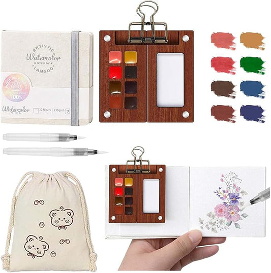 Mini Watercolor Paint Set – Travel Watercolor Set with 8 Color Palette, 300g Sketchbook, Water Brushes, Clip & Storage Bag, Pocket Size Portable Water Color Kit for Artists, Students & Beginners