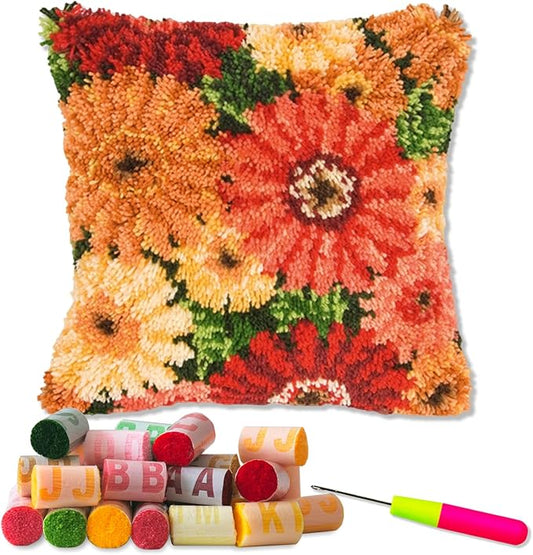 LAPATAIN Latch Hook Kits for DIY Throw Pillow Cover,Colorful Flowers Pattern Needlework Cushion Cover Hand Craft Crochet for Great Family 17x17inch