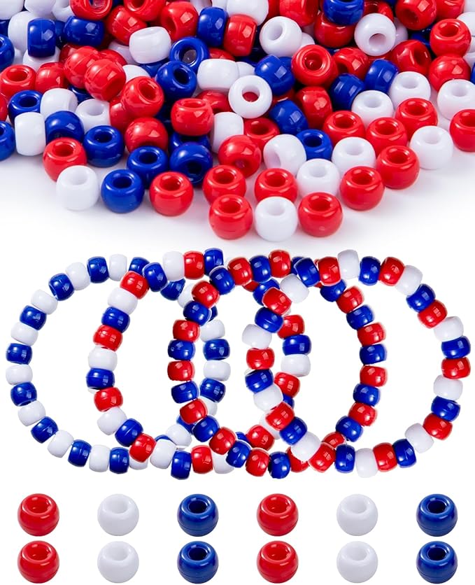 1000+ Pcs 4th of July Pony Beads, Red Wihte and Blue Colors, Kandi Beads for Bracelet Making, Hair Braids, Necklaces, Key Chains, Jewelry, Party