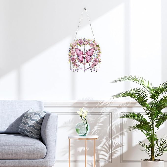 QENSPE Diamond Art Hanging Kits for Adults, 5D Pink Butterfly Special Shape Diamond Paingting Ornaments Kits with Chain, DIY Crystal Window Pendants for Home Garden Wall Decor Double Sided 8X8 inch