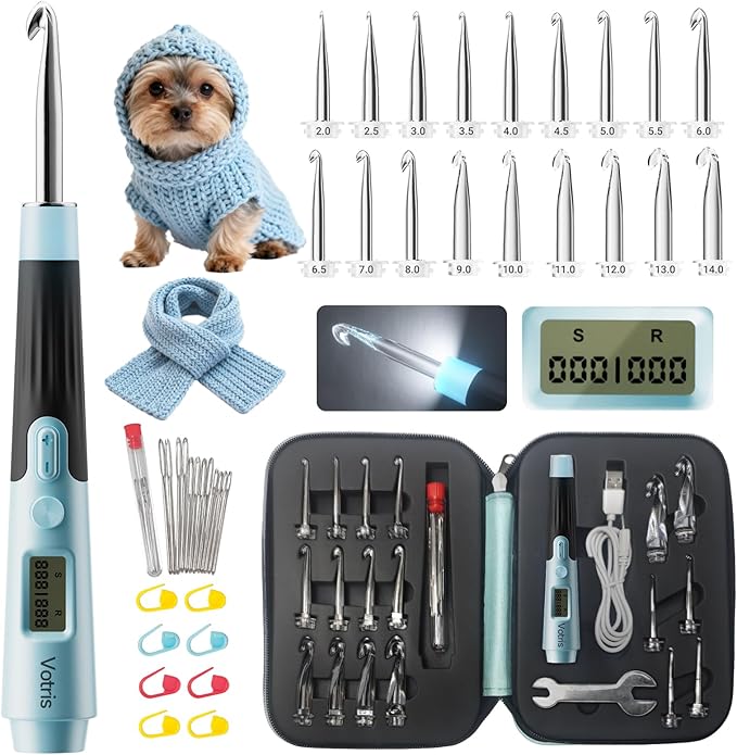 Votris 18 in 1 Counting Crochet Hooks, Light up Crochet Hook Set with Digital Stitch Counter 2.0mm-14.0mm, Rechargeable & Interchangeable Heads Lighted Crochet Hook Set, Ergonomic Handles for Beginner