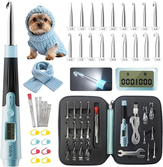 Votris 18 in 1 Counting Crochet Hooks, Light up Crochet Hook Set with Digital Stitch Counter 2.0mm-14.0mm, Rechargeable & Interchangeable Heads Lighted Crochet Hook Set, Ergonomic Handles for Beginner
