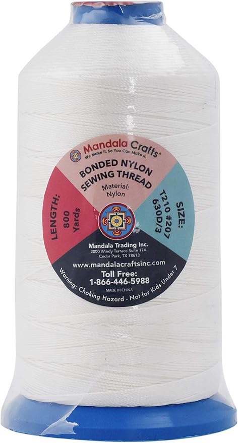 Mandala Crafts Size 207 630D T210 Bonded Nylon Thread - White 800 YDs Tex 210 Heavy Duty Sewing Threads for Leather, Jeans, Weaving, Outdoor Marine Upholstery