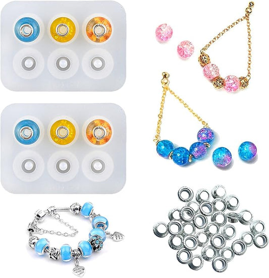 Jewelry Resin Bead Mold (2 pcs) DIY Dried Flower Epoxy AB Glue Round Bead Mold (5 mm), Used for Resin Earrings, Bracelet Jewelry Making, Epoxy Craft Decoration Supplies and 30 S925 Silver Washers