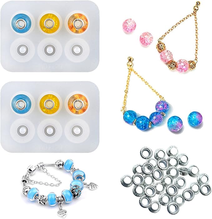 Jewelry Resin Bead Mold (2 pcs) DIY Dried Flower Epoxy AB Glue Round Bead Mold (5 mm), Used for Resin Earrings, Bracelet Jewelry Making, Epoxy Craft Decoration Supplies and 30 S925 Silver Washers