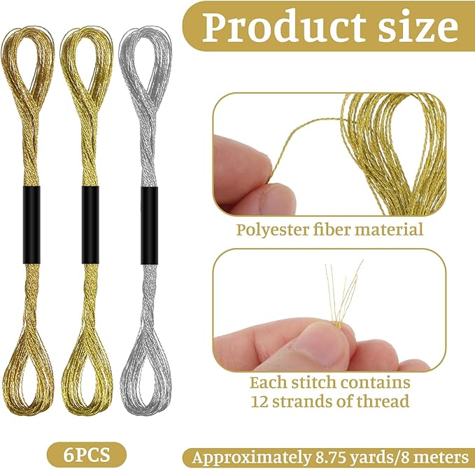 6 Skeins Metallic Embroidery Thread Polyester Cross Stitch Floss Hand Embroidery String for Sewing Making Yarn Accessories Craft String Art Supplies, Gold+Yellow+Silver