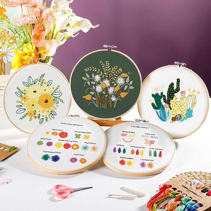 4 pack embroidery kit for beginners adults diy starter kit, cross stitch kits with flower stamped patterns, embroidery hoop, tools,colorful threads,step by step instructions,hand craft lover gift