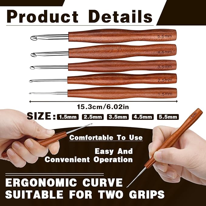 Nitlak 5 Pcs Crochet Hooks Set, 5 Size Crochet Hooks, Aluminum Ergonomic Crochet Hook with Wooden Handle for Arthritic Hands Knitting Sweaters, Blankets(1.5mm/2.5cm/3.5mm/4.5mm/5.5mm)