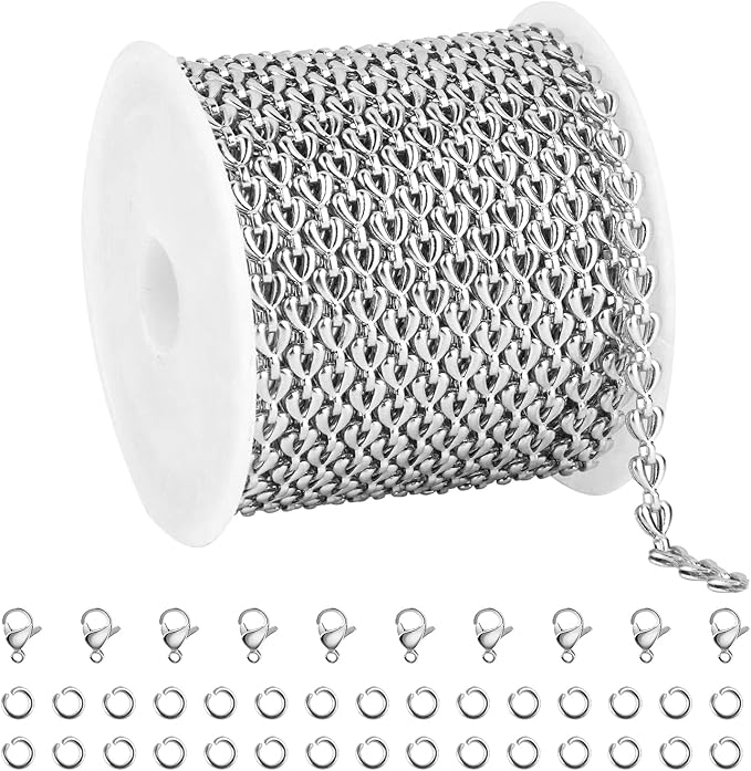 Kyutong 16.4 Feet Hollow Heart Chain for Jewelry Making Stainless Steel Silver Chains for Crafts DIY with Jewelry Clasps Supplies