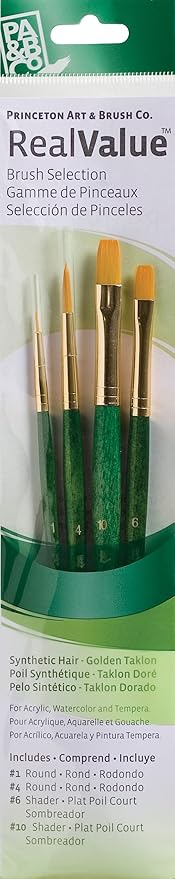 Princeton RealValue Brush Set, Synthetic Golden Taklon, Green Handle, 4 Piece, 1 Count