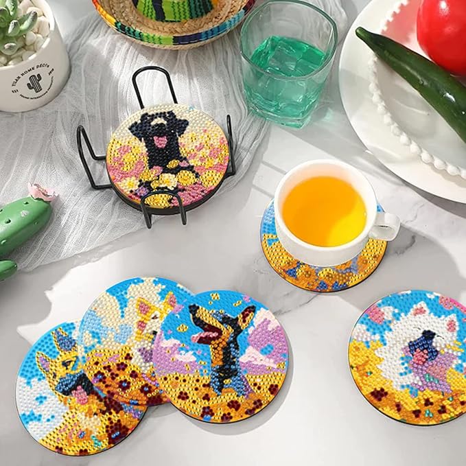 EWJRNSF 10 PCS Diamond Art Coasters Kit, Small Diamond Painting Coasters, Fall Diamond Art Kits for Adults Beginners, Arts and Crafts Supplies Item Sets with Holder Dog