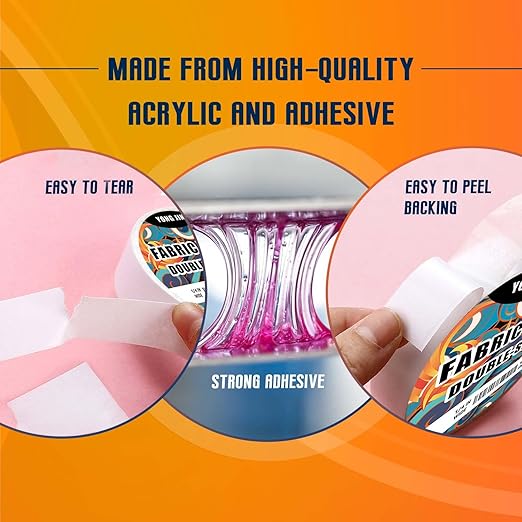 YONGJIN Double-Sided Fabric Tape (2 Rolls) - No Sewing or Ironing Required, Perfect for Quick Clothing Repairs, Fabric Bonding, Adhesive Cloth Tape for Hemming and DIY Crafts (3/5inch+1inch)