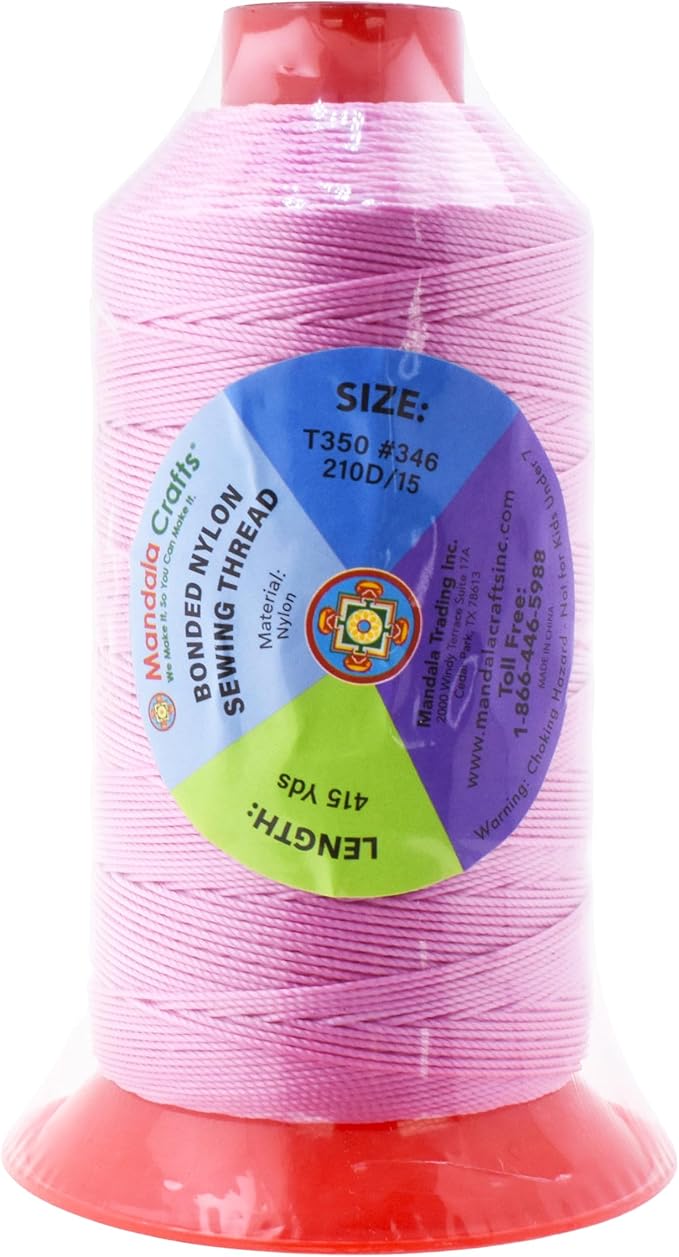 Mandala Crafts Size 346 210D T350 Bonded Nylon Thread - Pink 415 YDs Tex 350 Heavy Duty Sewing Threads for Leather, Jeans, Weaving, Outdoor Marine Upholstery