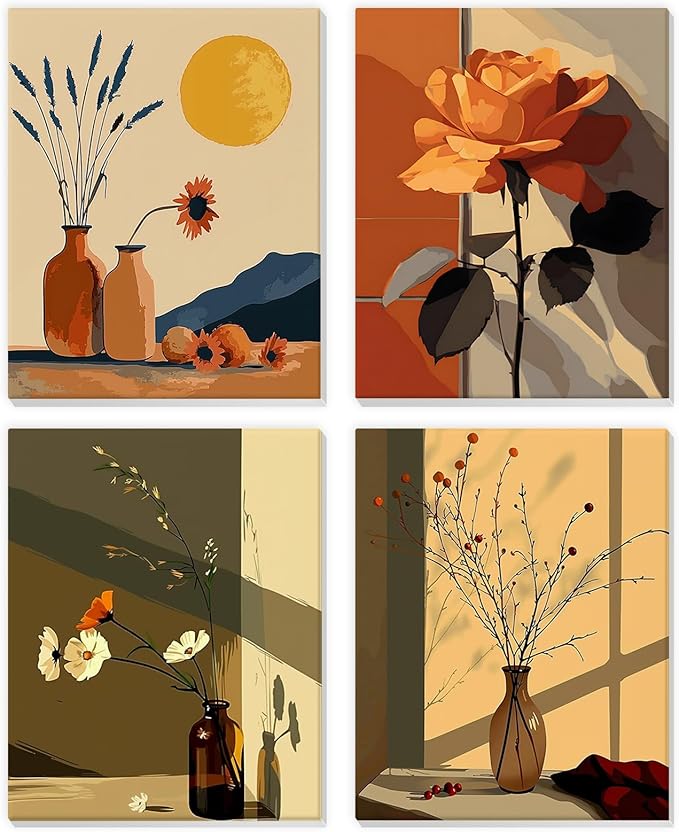 4 Pack Paint by Numbers Kit for Kids Beginner with Wooden Frame, Flowers in A Vase, Paint by Numbers Kit for Adults, Window Sill Sunlight Flower, DIY Painting Kits for Home Wall Decor 8x10 inch