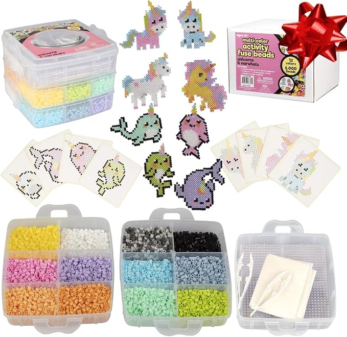 Fuse Beads Super Value Kit- 8000 Beads- Unicorn & Narwhals- Includes 12 Colors, 4 Peg Boards, Tweezers, Ironing Paper & Design templates- DIY Art Craft Project for Kids Vacation, Camp Or Holiday Gift