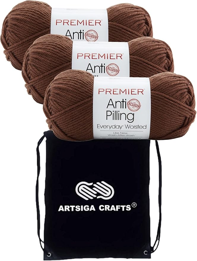 Premier Yarns Everyday Anti-Pilling Solid Walnut DN100-86 (3-Skeins - Same Dye Lot) #4 Worsted Weight Acrylic Yarn for Crocheting and Knitting with Project Bag