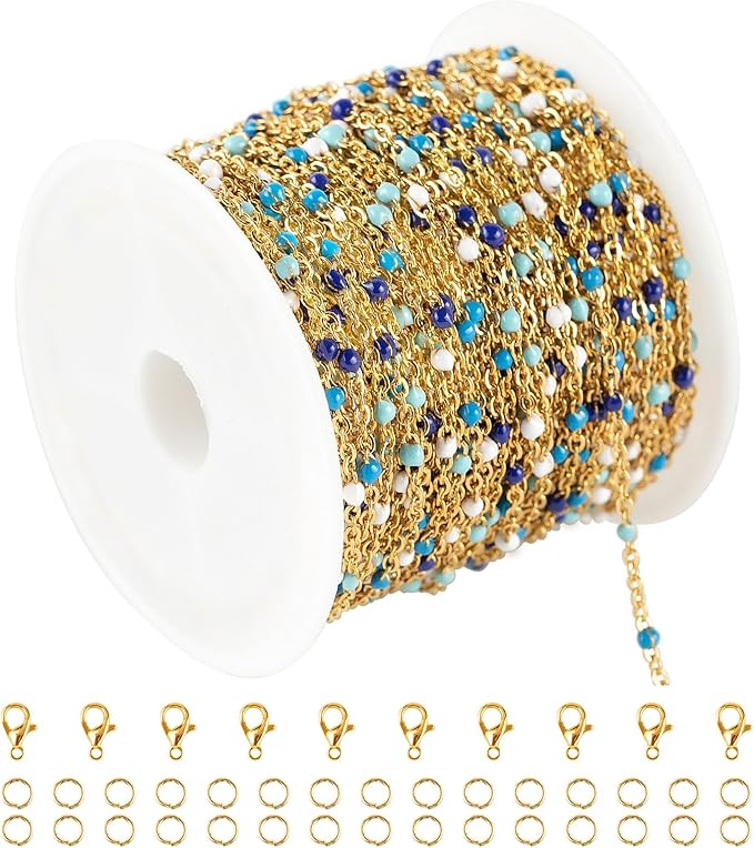 UMAOKANG 33 Feet/10M Blue Mixed Color Bead Chains for Jewelry Making Gold Plated Stainless Steel Soldered Cable Thin Chain on Spool Bracelet DIY Jewelry Findings