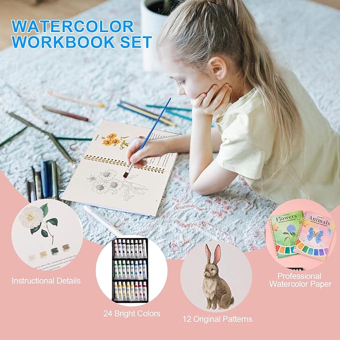 Watercolor Workbook, Water Coloring Book, 24 Colors Watercolor Paint Set with Palette and Brush, 12 Different Patterns of Original DIY Designs, Beginner-Friendly Watercolor Workbook (Seaside 2)