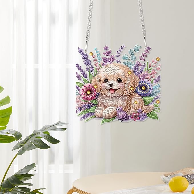 AiYuanzsh 5D Diamond Painting Hanging Pendant Kit with Chain, Cute Dog DIY Crystal Rhinestone Diamond Art Suncatcher Ornament for Window, Door, Wall, Home Decor Gift (25.2x23.8 cm)