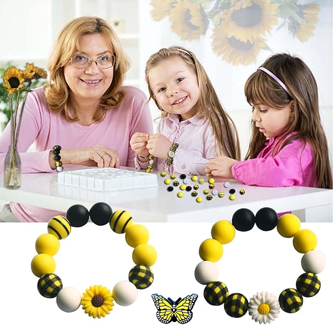 132pcs Butterfly Silicone Beads Bracelet Making Kit, 15mm Yellow Black White Round Silicone Bead Bulk, Sunflower Craft DIY Keychain Wristlet Jewelry Making with Elastic Rope