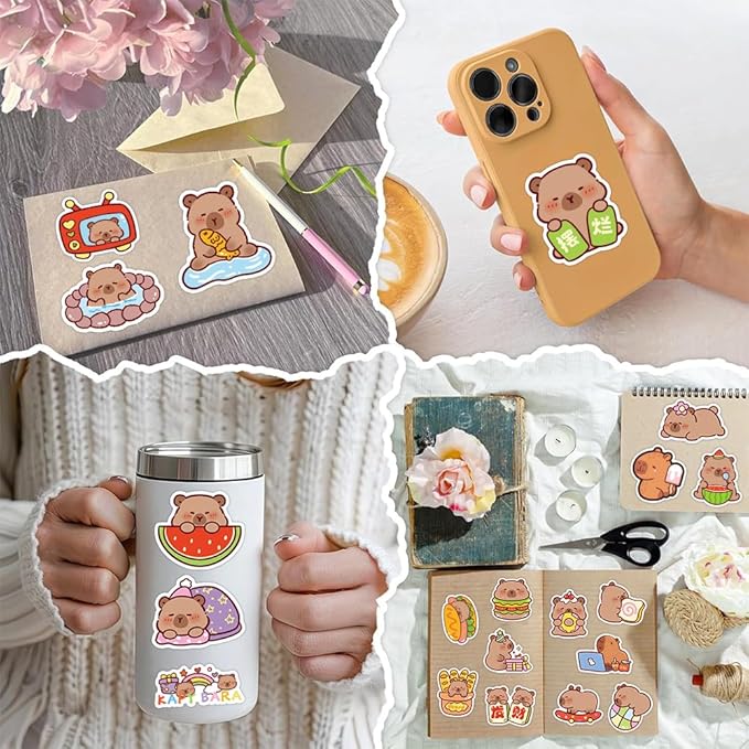 200pcs cute capybara stickers bluk.waterproof vinyl stickers pack for water bottle laptop skateboard scrapbooking.animal decals stickers party favors for kids girls adults teens