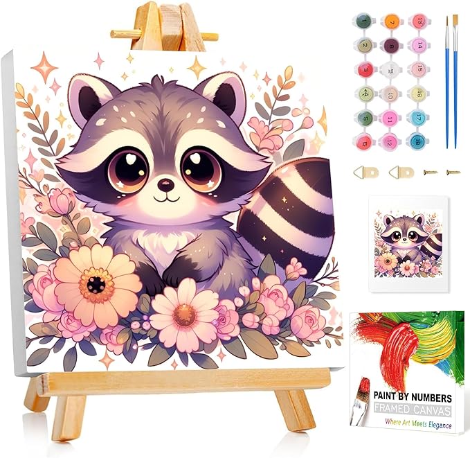 Reivworl Paint by Numbers Kit for Kids with Frame and Easel, Raccoon Paint by Number for Kids Age 6-8-12, Acrylic Paint by Numbers for Gifts and Home Decor (8X8 inch)