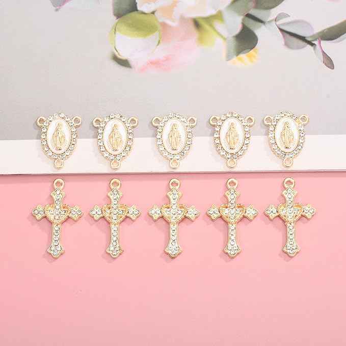 Jiali Q 20 Piece Set Rhinestone Cross Connectors and Pendants for Jewelry Making (Gold Our Lady of Grace)