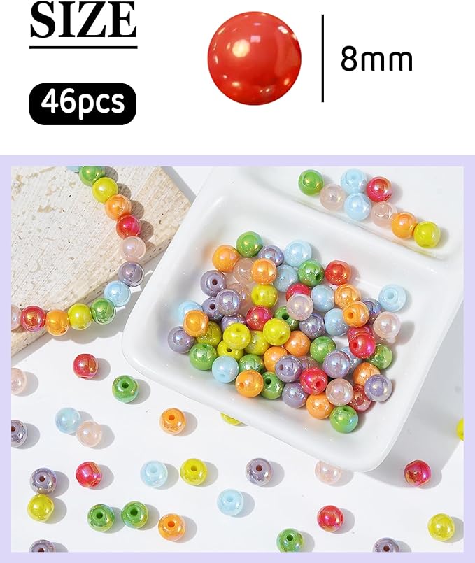8mm Glass Beads 46PCS Glass Beads for Jewelry Making Charm Round Loose Bead for Bracelet Making Kit (Bobo Beads Rainbow Colors)