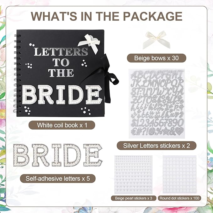8 x 8 Inch Letters to The Bride Scrapbook Wedding Scrap Book Letters To The Bride Book Bridal DIY Blank Paper Scrapbook Photo Album with Pearl Stickers, Metallic Letters, Bows(Black)
