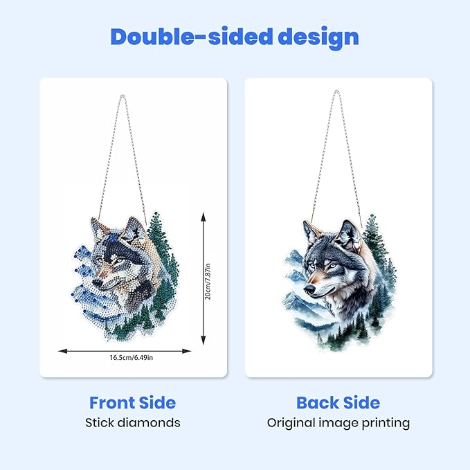 MXJSUA Forest Wolf Diamond Art Hanging Kits for Adults Beginners, DIY Acrylic Special Shaped Crystal Diamond Gem Drills Pendant Art Painting Ornament for Home Wall Decor Gift 8x8 inch