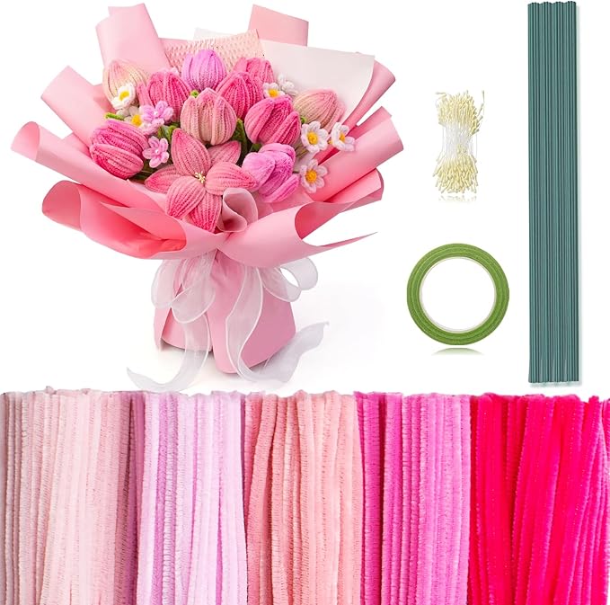 Peryiter 371 Pipe Cleaners Flowers Set, Mixed Colors Chenille Stems Bulk with Floral Wires, Gardening Tape, Stamen for DIY Flower Making Kit, Gift Idea for Mother's Day(Pink)